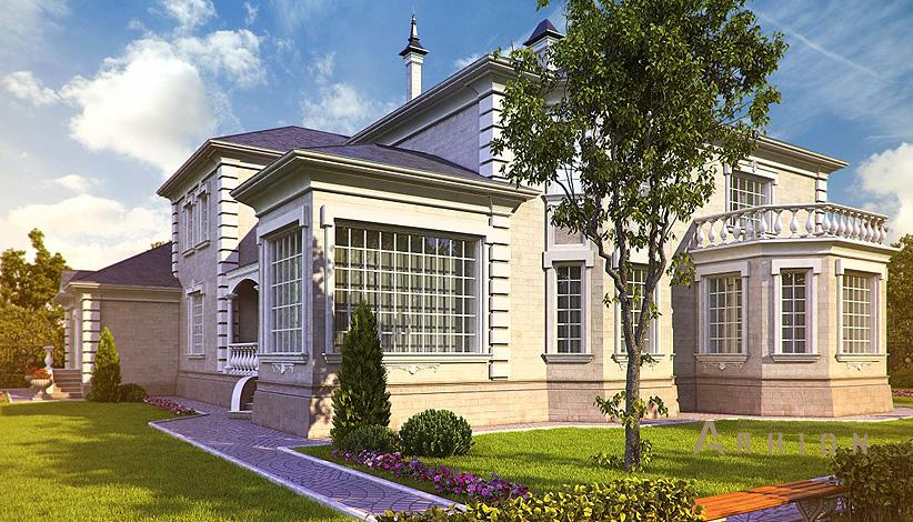 2. Проект двухэтажного дома в классическом стиле с четырехскатной, SOV-18, площадью - 536 кв c балконом, гаражом, эркером